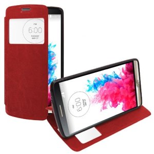 CUSTODIA FLIP ORIZZONTALE PELLE per LG G3 D850, D855, LS990 CON FINESTRA ID ED INTERNO IN TPU SILICONE COLORE ROSSO