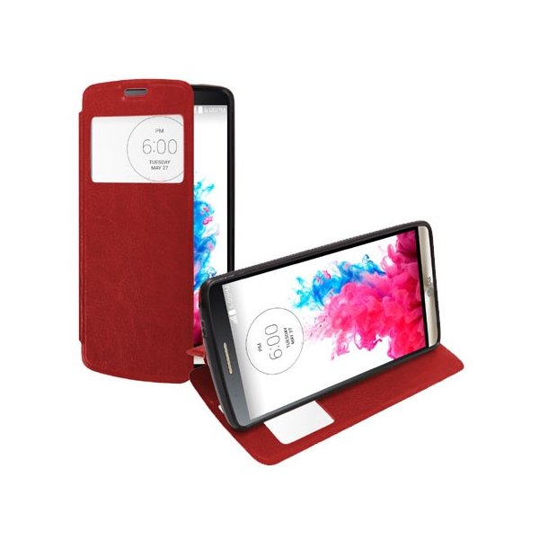 CUSTODIA FLIP ORIZZONTALE PELLE per LG G3 D850, D855, LS990 CON FINESTRA ID ED INTERNO IN TPU SILICONE COLORE ROSSO