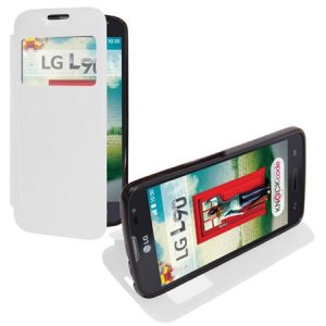 CUSTODIA FLIP ORIZZONTALE SIMILPELLE per  LG L90 DUAL D410 CON FINESTRA ID ED INTERNO IN TPU SILICONE COLORE BIANCO