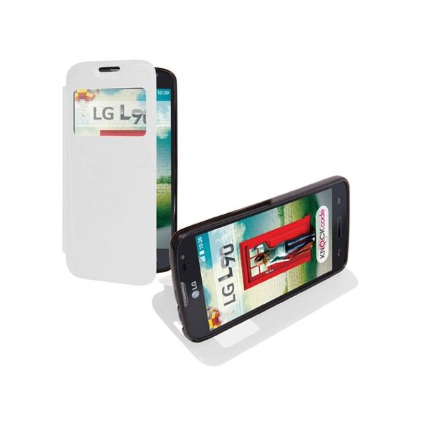 CUSTODIA FLIP ORIZZONTALE SIMILPELLE per  LG L90 DUAL D410 CON FINESTRA ID ED INTERNO IN TPU SILICONE COLORE BIANCO