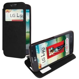 CUSTODIA FLIP ORIZZONTALE SIMILPELLE per  LG L90 DUAL D410 CON FINESTRA ID ED INTERNO IN TPU SILICONE COLORE NERO