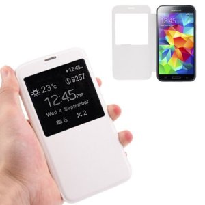 CUSTODIA FLIP COVER ORIZZONTALE per SAMSUNG G900F GALAXY S5, GALAXY S5 NEO G903F CON FINESTRA ID COLORE BIANCO