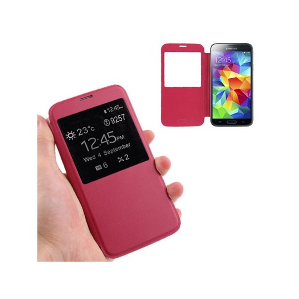 CUSTODIA FLIP COVER ORIZZONTALE per SAMSUNG G900F GALAXY S5, GALAXY S5 NEO G903F CON FINESTRA ID COLORE AMARANTO