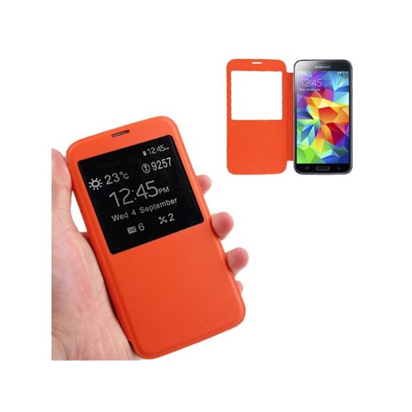 CUSTODIA FLIP COVER ORIZZONTALE per SAMSUNG G900F GALAXY S5, GALAXY S5 NEO G903F CON FINESTRA ID COLORE ARANCIONE