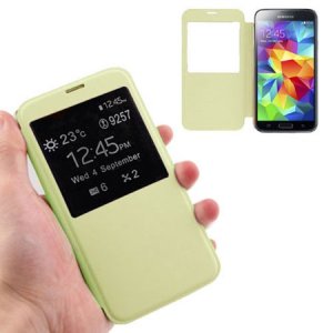 CUSTODIA FLIP COVER ORIZZONTALE per SAMSUNG G900F GALAXY S5, GALAXY S5 NEO G903F CON FINESTRA ID VERDE PASTELLO