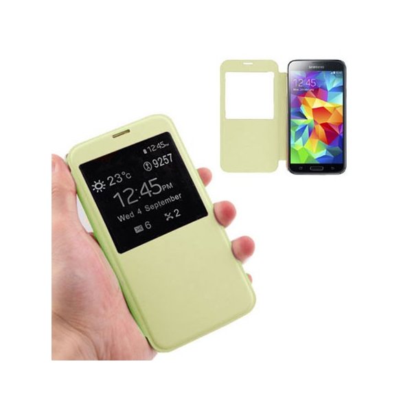 CUSTODIA FLIP COVER ORIZZONTALE per SAMSUNG G900F GALAXY S5, GALAXY S5 NEO G903F CON FINESTRA ID VERDE PASTELLO