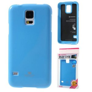 CUSTODIA GEL TPU SILICONE per SAMSUNG G900F GALAXY S5, S5 NEO COLORE AZZURRO LUCIDO CON GLITTER ALTA QUALITA' MERCURY BLISTER