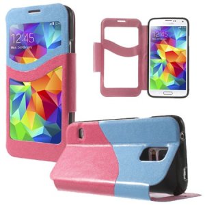 CUSTODIA FLIP ORIZZONTALE SIMILPELLE per SAMSUNG G900F GALAXY S5, S5 NEO CON DOPPIA FINESTRA ID EFFETTO GLITTERATO BLU E ROSA