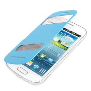 CUSTODIA FLIP ORIZZONTALE ULTRA SLIM per SAMSUNG S7562 GALAXY S DUOS CON DOPPIA FINESTRA IDENTIFICATIVO CHIAMANTE AZZURRO