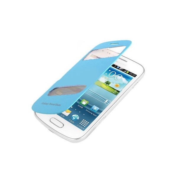 CUSTODIA FLIP ORIZZONTALE ULTRA SLIM per SAMSUNG S7562 GALAXY S DUOS CON DOPPIA FINESTRA IDENTIFICATIVO CHIAMANTE AZZURRO