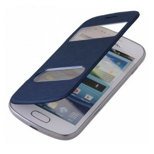 CUSTODIA FLIP ORIZZONTALE ULTRA SLIM per SAMSUNG S7562 GALAXY S DUOS CON DOPPIA FINESTRA IDENTIFICATIVO CHIAMANTE BLU