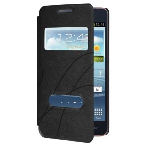 CUSTODIA FLIP ORIZZONTALE PELLE per SAMSUNG I9100 GALAXY S2, I9105 GALAXY S2 PLUS DOPPIA FINESTRA ID FANTASIA GROOVE NERO