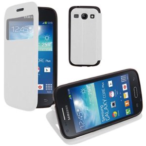 CUSTODIA FLIP ORIZZONTALE PELLE per SAMSUNG G3500 GALAXY CORE PLUS, G3502 GALAXY TREND 3 CON FINESTRA ID E INTERNO IN TPU BIANCO