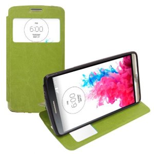 CUSTODIA FLIP ORIZZONTALE PELLE per LG G3 D850, D855, LS990 CON FINESTRA ID ED INTERNO IN TPU SILICONE COLORE VERDE