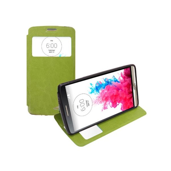 CUSTODIA FLIP ORIZZONTALE PELLE per LG G3 D850, D855, LS990 CON FINESTRA ID ED INTERNO IN TPU SILICONE COLORE VERDE