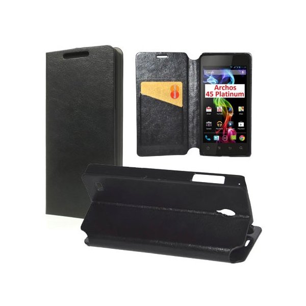 CUSTODIA FLIP ORIZZONTALE PELLE per ARCHOS 45 PLATINUM 4.5" POLLICI CON STAND E TASCA PORTA CARTE COLORE NERO