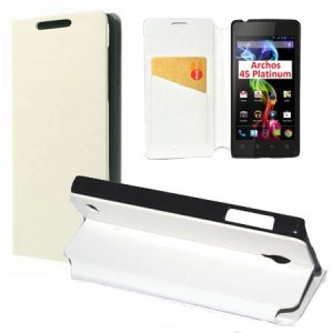 CUSTODIA FLIP ORIZZONTALE PELLE per ARCHOS 45 PLATINUM 4.5" POLLICI CON STAND E TASCA PORTA CARTE COLORE BIANCO