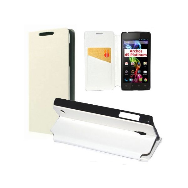 CUSTODIA FLIP ORIZZONTALE PELLE per ARCHOS 45 PLATINUM 4.5" POLLICI CON STAND E TASCA PORTA CARTE COLORE BIANCO