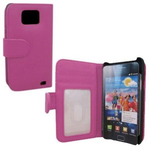 CUSTODIA FLIP ORIZZONTALE PELLE per SAMSUNG I9100 GALAXY S2, I9105 GALAXY S2 PLUS CON TASCHE PORTA CARTE COLORE VIOLA