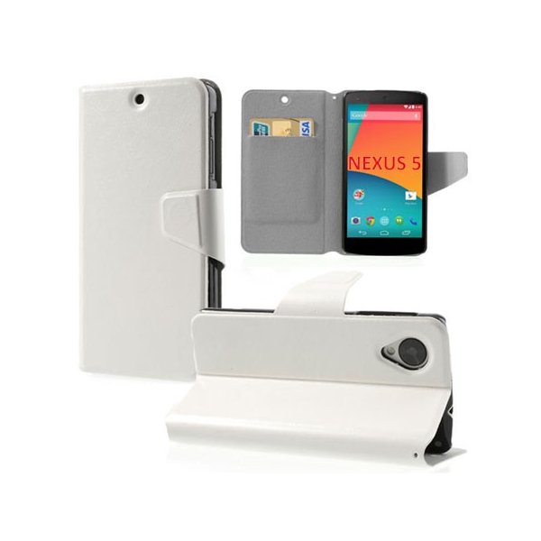 CUSTODIA per LG NEXUS 5 (D820) FLIP ORIZZONTALE SIMILPELLE CON STAND E TASCHE PORTA CARTE COLORE BIANCO