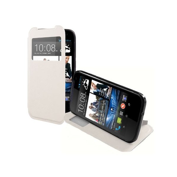 CUSTODIA FLIP ORIZZONTALE PELLE per HTC DESIRE 310 CON FINESTRA ID ED INTERNO IN TPU SILICONE COLORE BIANCO