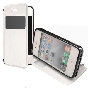 CUSTODIA FLIP ORIZZONTALE PELLE per APPLE IPHONE 4, IPHONE 4s CON STAND, FINESTRA ID ED INTERNO IN TPU SILICONE COLORE BIANCO