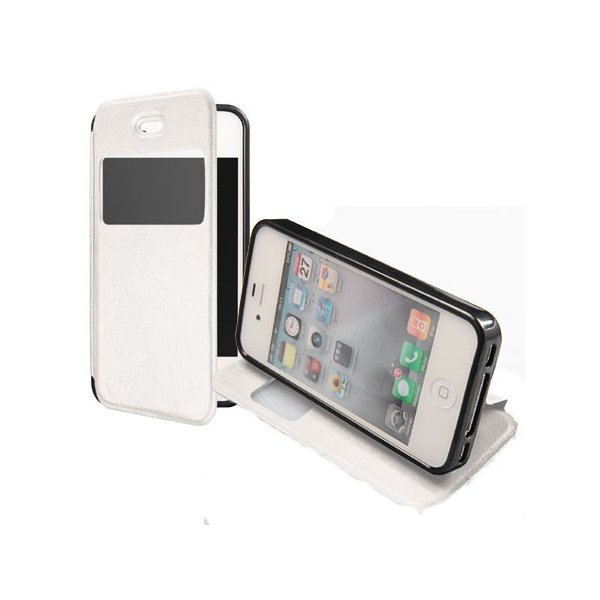 CUSTODIA FLIP ORIZZONTALE PELLE per APPLE IPHONE 4, IPHONE 4s CON STAND, FINESTRA ID ED INTERNO IN TPU SILICONE COLORE BIANCO