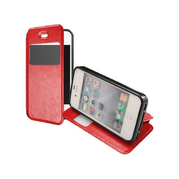 CUSTODIA FLIP ORIZZONTALE PELLE per APPLE IPHONE 4, IPHONE 4s CON STAND, FINESTRA ID ED INTERNO IN TPU SILICONE COLORE ROSSO