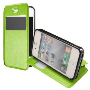 CUSTODIA FLIP ORIZZONTALE PELLE per APPLE IPHONE 4, IPHONE 4s CON STAND, FINESTRA ID ED INTERNO IN TPU SILICONE COLORE VERDE