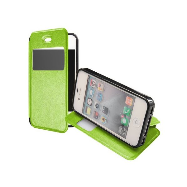 CUSTODIA FLIP ORIZZONTALE PELLE per APPLE IPHONE 4, IPHONE 4s CON STAND, FINESTRA ID ED INTERNO IN TPU SILICONE COLORE VERDE