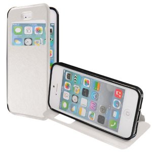 CUSTODIA FLIP ORIZZONTALE PELLE per APPLE IPHONE 5, 5S CON STAND, FINESTRA ID ED INTERNO IN TPU SILICONE COLORE BIANCO