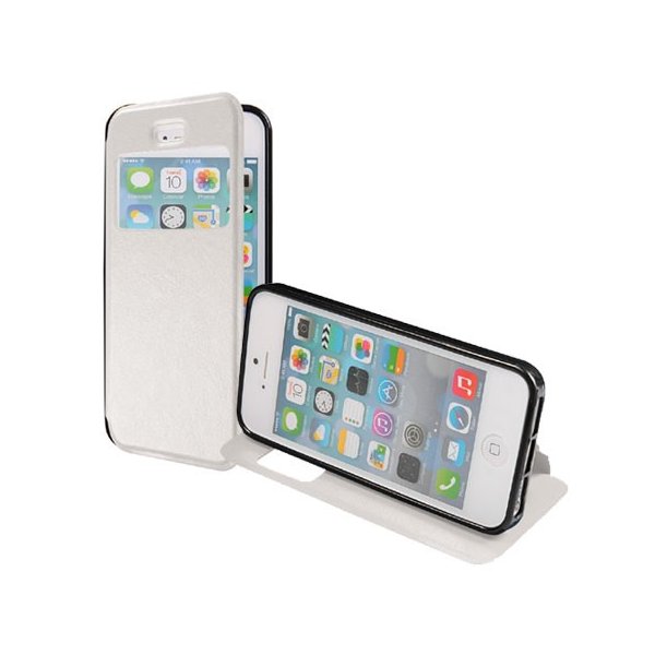 CUSTODIA FLIP ORIZZONTALE PELLE per APPLE IPHONE 5, 5S CON STAND, FINESTRA ID ED INTERNO IN TPU SILICONE COLORE BIANCO