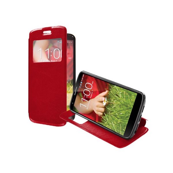 CUSTODIA FLIP ORIZZONTALE PELLE per LG OPTIMUS G2, D802, D802TA, D803 CON FINESTRA ID ED INTERNO IN TPU SILICONE COLORE ROSSO