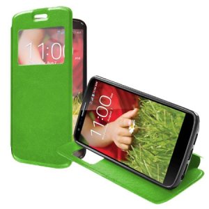 CUSTODIA FLIP ORIZZONTALE PELLE per LG OPTIMUS G2, D802, D802TA, D803 CON FINESTRA ID ED INTERNO IN TPU SILICONE COLORE VERDE