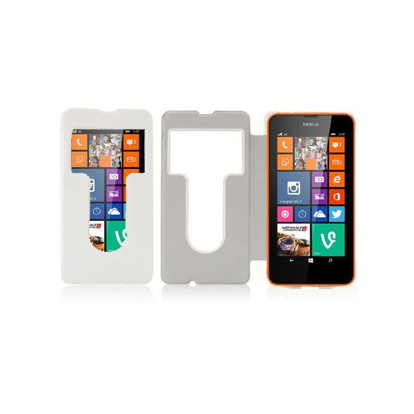 CUSTODIA FLIP ORIZZONTALE CON FINESTRA ID per NOKIA LUMIA 630 COLORE BIANCO (NO RIMOZIONE COVER)