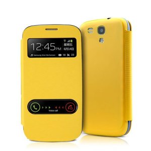 CUSTODIA FLIP ORIZZONTALE per SAMSUNG I8190 GALAXY S3 MINI CON DOPPIA FINESTRA IDENTIFICATIVO CHIAMANTE COLORE GIALLO