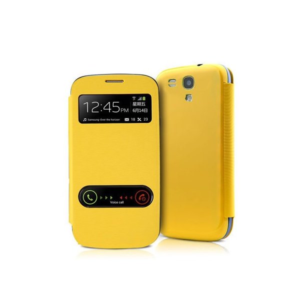 CUSTODIA FLIP ORIZZONTALE per SAMSUNG I8190 GALAXY S3 MINI CON DOPPIA FINESTRA IDENTIFICATIVO CHIAMANTE COLORE GIALLO