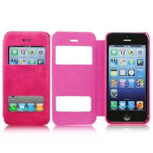 CUSTODIA FLIP ORIZZONTALE CON DOPPIA FINESTRA ID per APPLE IPHONE 4, 4S COLORE ROSA (NO RIMOZIONE COVER)