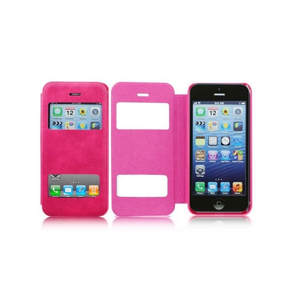 CUSTODIA FLIP ORIZZONTALE CON DOPPIA FINESTRA ID per APPLE IPHONE 4, 4S COLORE ROSA (NO RIMOZIONE COVER)