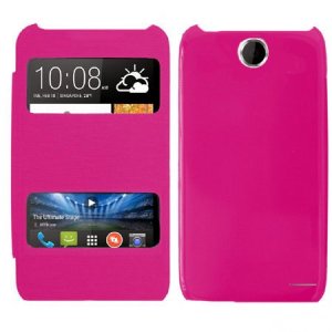 CUSTODIA FLIP COVER ORIZZONTALE per HTC DESIRE 310 CON DOPPIA FINESTRA IDENTIFICATIVO CHIAMANTE ROSA (NO RIMOZIONE COVER)