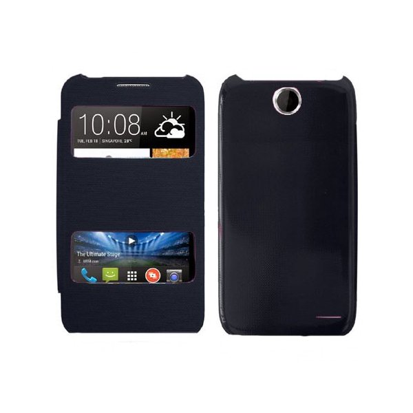 CUSTODIA FLIP COVER ORIZZONTALE per HTC DESIRE 310 CON DOPPIA FINESTRA IDENTIFICATIVO CHIAMANTE BLU (NO RIMOZIONE COVER)