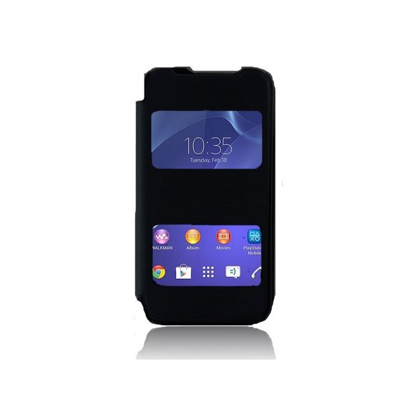 CUSTODIA FLIP COVER ORIZZONTALE per SONY XPERIA M2 CON DOPPIA FINESTRA IDENTIFICATIVO CHIAMANTE NERO (NO RIMOZIONE COVER)