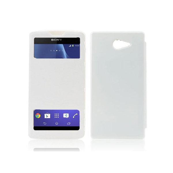 CUSTODIA FLIP COVER ORIZZONTALE per SONY XPERIA M2 CON DOPPIA FINESTRA IDENTIFICATIVO CHIAMANTE BIANCO (NO RIMOZIONE COVER)