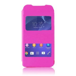 CUSTODIA FLIP COVER ORIZZONTALE per SONY XPERIA M2 CON DOPPIA FINESTRA IDENTIFICATIVO CHIAMANTE ROSA (NO RIMOZIONE COVER)