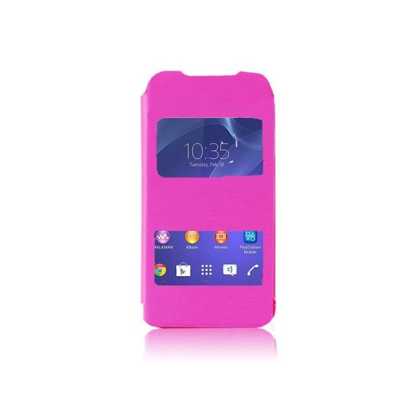 CUSTODIA FLIP COVER ORIZZONTALE per SONY XPERIA M2 CON DOPPIA FINESTRA IDENTIFICATIVO CHIAMANTE ROSA (NO RIMOZIONE COVER)