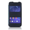 CUSTODIA FLIP COVER ORIZZONTALE per SONY XPERIA M2 CON DOPPIA FINESTRA IDENTIFICATIVO CHIAMANTE BLU (NO RIMOZIONE COVER)