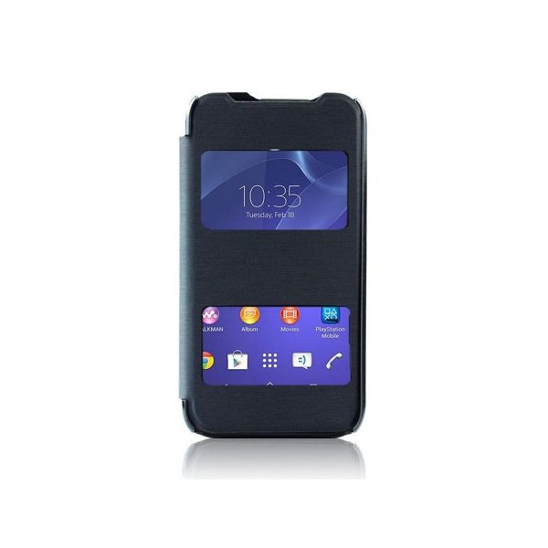 CUSTODIA FLIP COVER ORIZZONTALE per SONY XPERIA M2 CON DOPPIA FINESTRA IDENTIFICATIVO CHIAMANTE BLU (NO RIMOZIONE COVER)