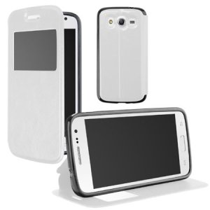 CUSTODIA FLIP ORIZZONTALE PELLE per SAMSUNG G386 GALAXY CORE LTE, G3518 CON FINESTRA ID E INTERNO IN TPU BIANCO