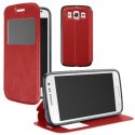 CUSTODIA FLIP ORIZZONTALE PELLE per SAMSUNG G386 GALAXY CORE LTE, G3518 CON FINESTRA ID E INTERNO IN TPU ROSSO