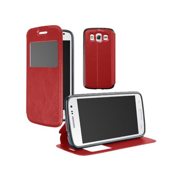 CUSTODIA FLIP ORIZZONTALE PELLE per SAMSUNG G386 GALAXY CORE LTE, G3518 CON FINESTRA ID E INTERNO IN TPU ROSSO